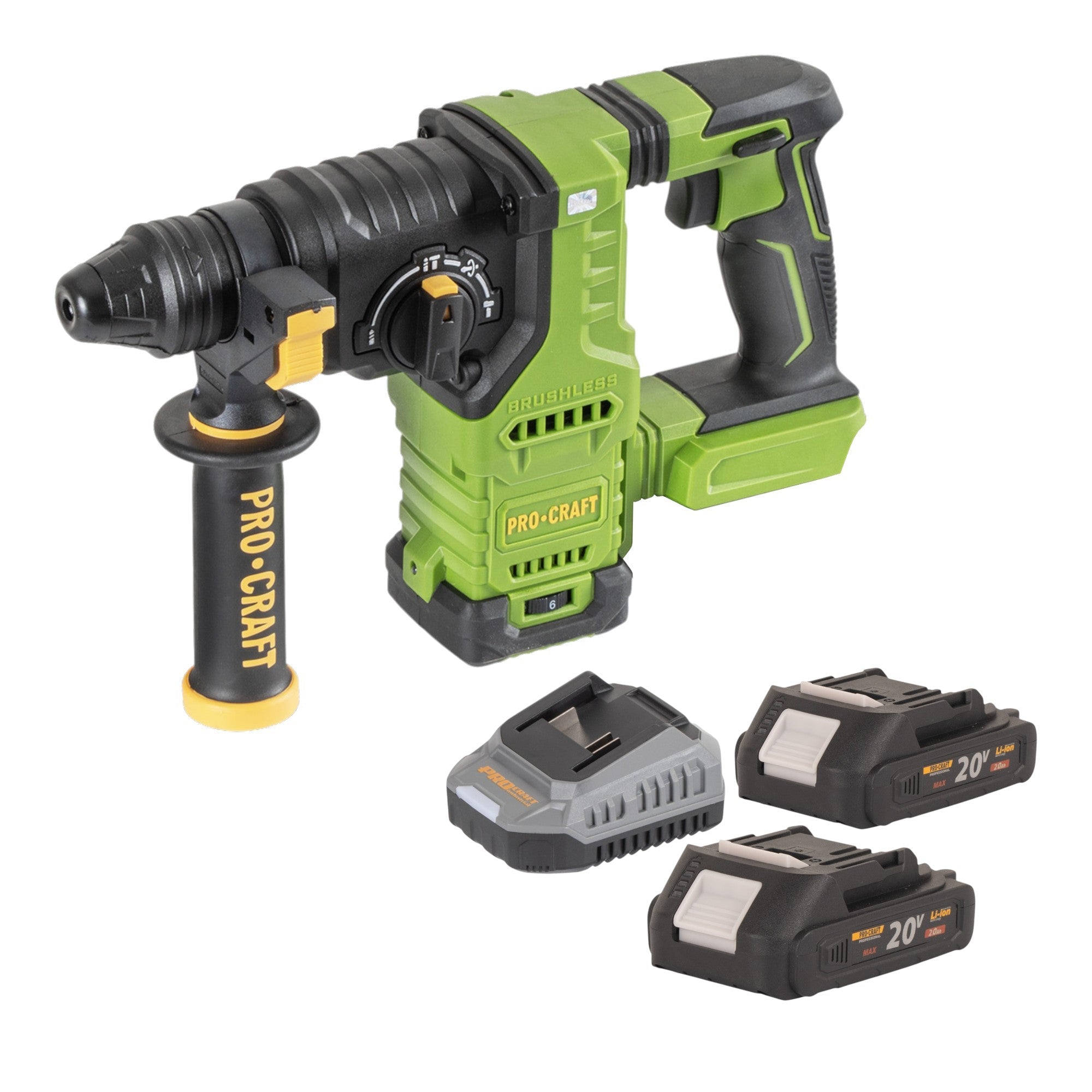 Procraft PHA30bb Akku Bohrhammer 20 V 2,8 J SDS plus Brushless + 2x Akku 2,0 Ah + Ladegerät