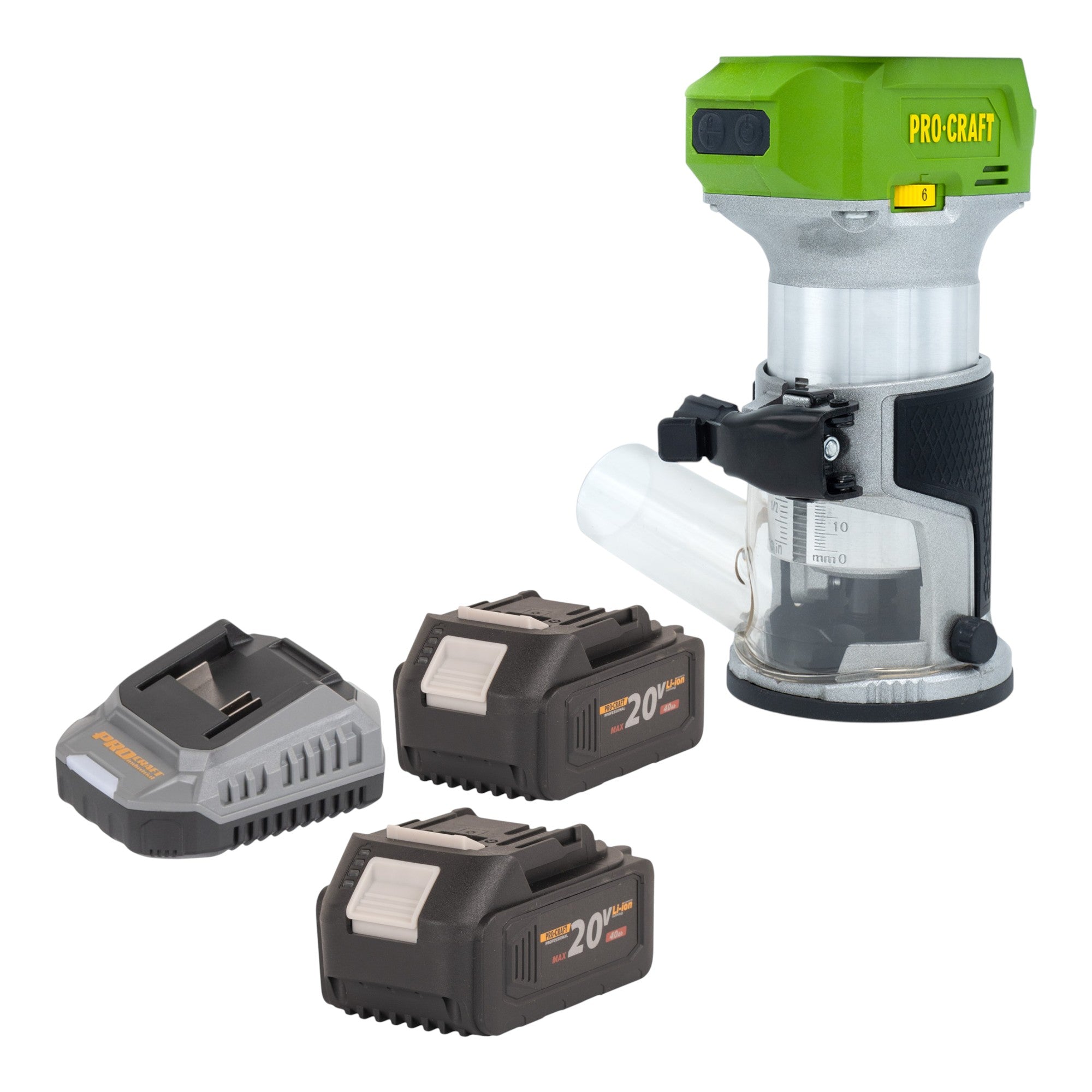 Procraft POB24bb Akku Multifunktionsfräse 20 V 6 / 8 mm Brushless + 2x Akku 4,0 Ah + Ladegerät