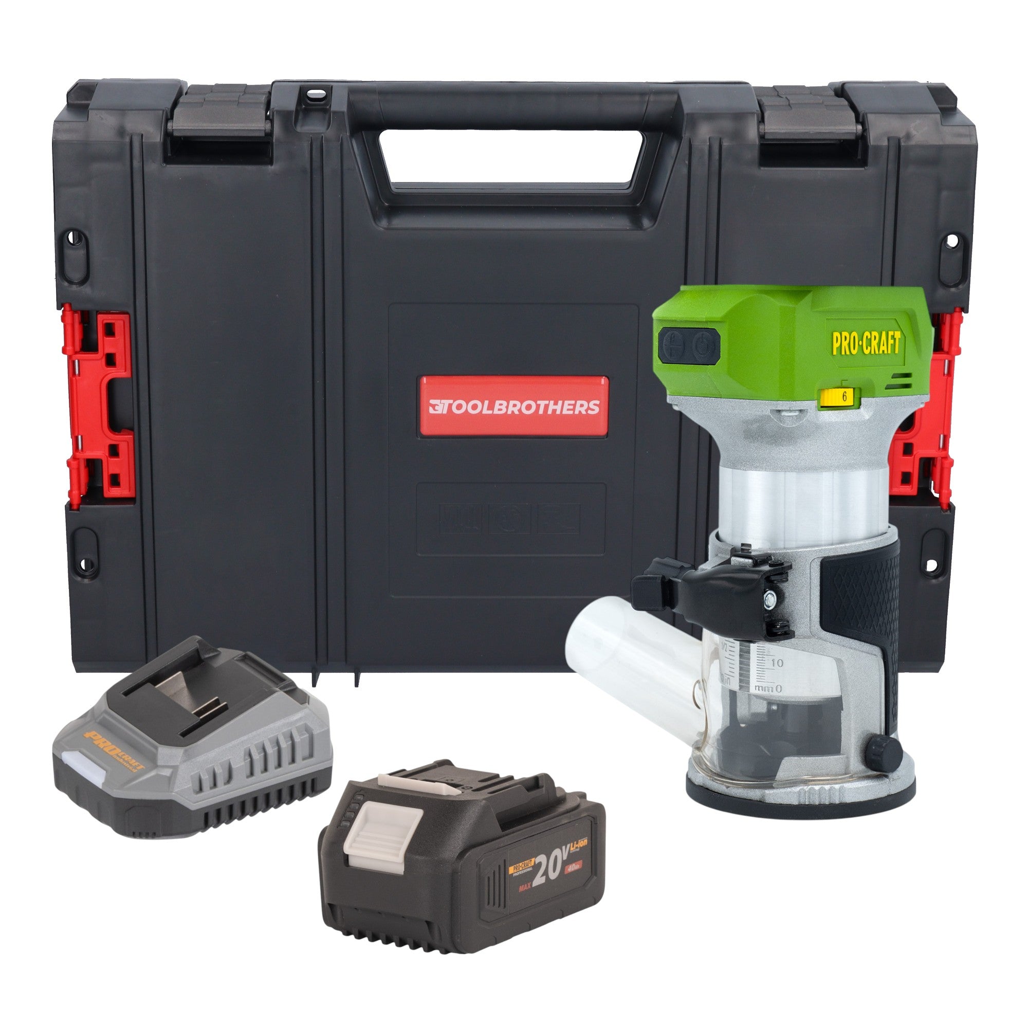 Procraft POB24bb Akku Multifunktionsfräse 20 V 6 / 8 mm Brushless + 1x Akku 4,0 Ah + Ladegerät + RHINO Toolcase