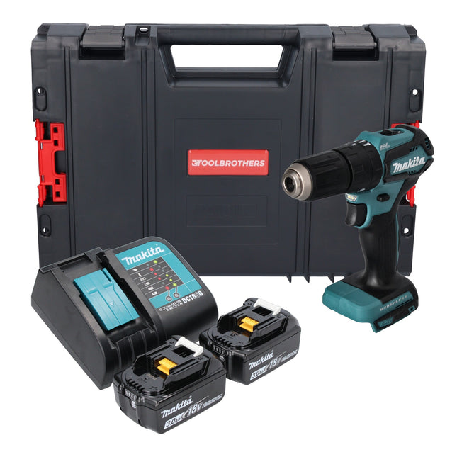 Makita DHP 483 SFJ-R trapano a percussione a batteria 18V 40Nm + 2x batteria ricaricabile 3,0 Ah + caricabatterie + RHINO