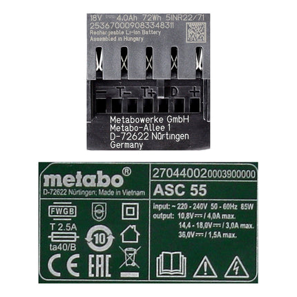Metabo Akku Basis Set 18V mit 1x Akku LiHD 4,0Ah ( 625367000 ) + Ladegerät ASC 55 ( 627044000 ) Folgemodell vom ASC 30-36 - Toolbrothers