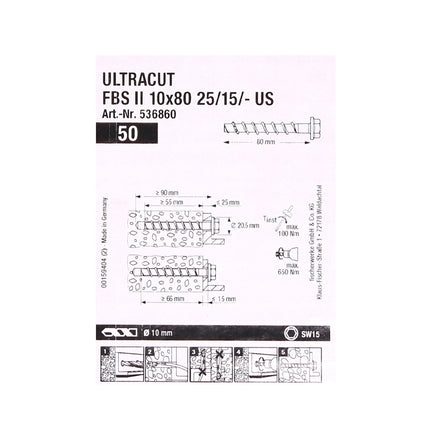 Fischer ULTRACUT FBS II Betonschrauben 10x80mm 25/15/- 200 Stk. Sechskantkopf SW15 ( 553687 ) + Makita NEMESIS 2 SDS-Plus 10x215mm ( B-58213 )