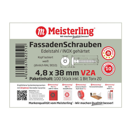 Meisterling Fassadenschrauben 4,8x38 mm 100 Stück ( 010020000201 ) 12 mm Flachkopf weiß mit Torx Teilgewinde V2A Edelstahl