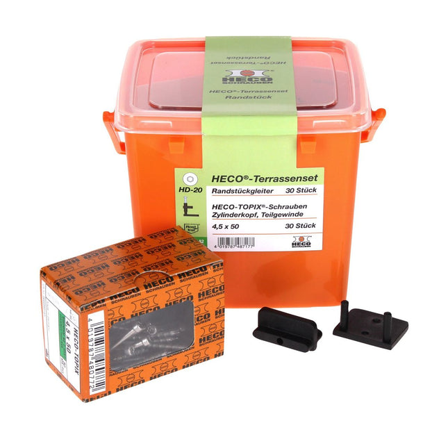HECO Set di fissaggio per bordi terrazza, 30 pz. ( 48717 ) + Set di viti HECO TOPIX 4,5 x 50 mm HD 20 - Valigetta plastica