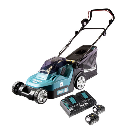 Makita DLM 432 PF2 36 V ( 2x 18 V ) tosaerba a batteria da 43 cm senza spazzole + 2x batteria da 3,0 Ah + doppio caricabatterie