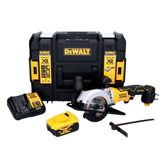 Sega circolare a batteria DeWalt DCS 571 P1 18 V 115 mm senza spazzole + 1x batteria 5,0 Ah + caricabatterie + TSTAK