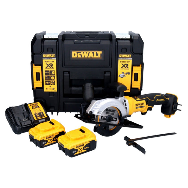 Sega circolare a batteria DeWalt DCS 571 P2 18 V 115 mm senza spazzole + 2x batteria 5,0 Ah + caricabatterie + TSTAK