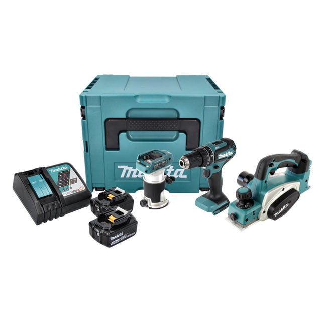 Kit combinato a batteria Makita DLX 3116 TJ Trapano a percussione a batteria DHP 485 + pialla a batteria DKP 180 + fresa multifunzione a batteria DRT 50 + 2 batterie da 5,0 Ah + caricabatterie + Makpac