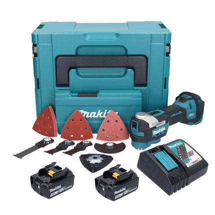 Utensile multifunzione a batteria Makita DTM 52 RTJX4 18 V Starlock Max Brushless + 2x batteria 5,0 Ah + caricabatterie + set di accessori + Makpac