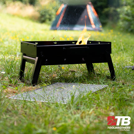 Toolbrothers Outdoor tragbarer Holzkohle Grill für Camping werkzeuglose Montage 43 x 29 x 23 cm Schwarz Chrom beschichtet Smoker BBQ Pit Grill