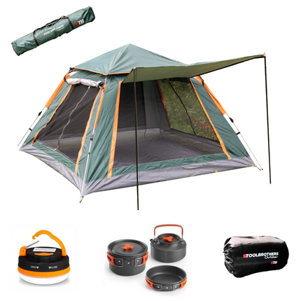 Toolbrothers Outdoort set da campeggio tenda per 2-4 persone tenda idraulica pop-up + attrezzatura da campeggio 12 pezzi
