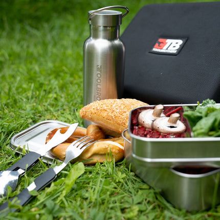 Toolbrothers Fan Breakfast box in valigetta rigida con borsa impermeabile a 2 livelli e coperchio in acciaio inox 1340 ml + Borraccia in acciaio inox 600 ml + Posate multifunzione 4 in 1
