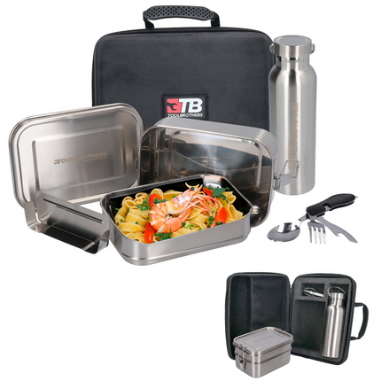 Toolbrothers Fan Breakfast box in valigetta rigida con borsa impermeabile a 2 livelli e coperchio in acciaio inox 1340 ml + Borraccia in acciaio inox 600 ml + Posate multifunzione 4 in 1