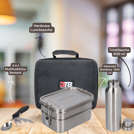 Toolbrothers Fan Breakfast box in valigetta rigida con borsa impermeabile a 2 livelli e coperchio in acciaio inox 1340 ml + Borraccia in acciaio inox 600 ml + Posate multifunzione 4 in 1