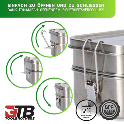 Toolbrothers Fan Breakfast box in valigetta rigida con borsa impermeabile a 2 livelli e coperchio in acciaio inox 1340 ml + Borraccia in acciaio inox 600 ml + Posate multifunzione 4 in 1