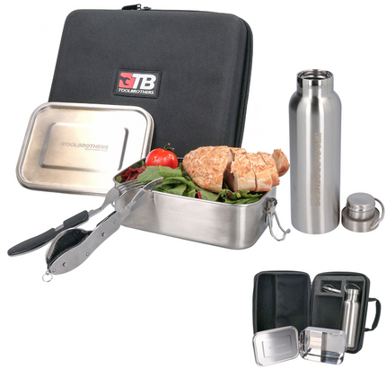 Toolbrothers Fan Lunchpaket in Hardcase Tragetasche Lunchtasche Wasserdicht mit Edelstahl Brotdose mit Trennfaechern und Edelstahldeckel 1200 ml Edelstahl Trinkflasche 600 ml 4 in 1 Multifunktions Besteck 1 - toolbrothers